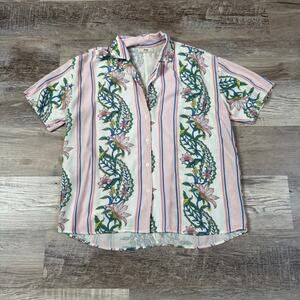 NWT Maaji Floral Stripe Button Down Shirt Pink Green Short Sleeve